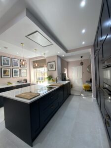 "Beautiful soft contrast of baby pink with indigo cabinets"... Read the Latest QKS Feature in Stamford Pride Magazine 1 | QKS Kitchens Stamford Design, Advice & Installation QKS Projects Indigo Shaker 11 21 5 | QKS Kitchens Stamford Design, Advice & Installation