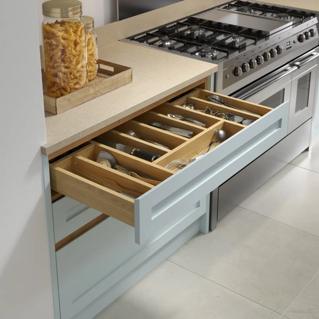 Deveron Handle-less Washed Oak and Ash Painted Winter Blue Cameo 1